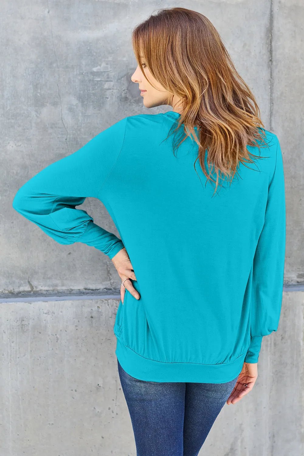 Basic Bae Full Size V - Neck Lantern Sleeve Top in Sky Blue