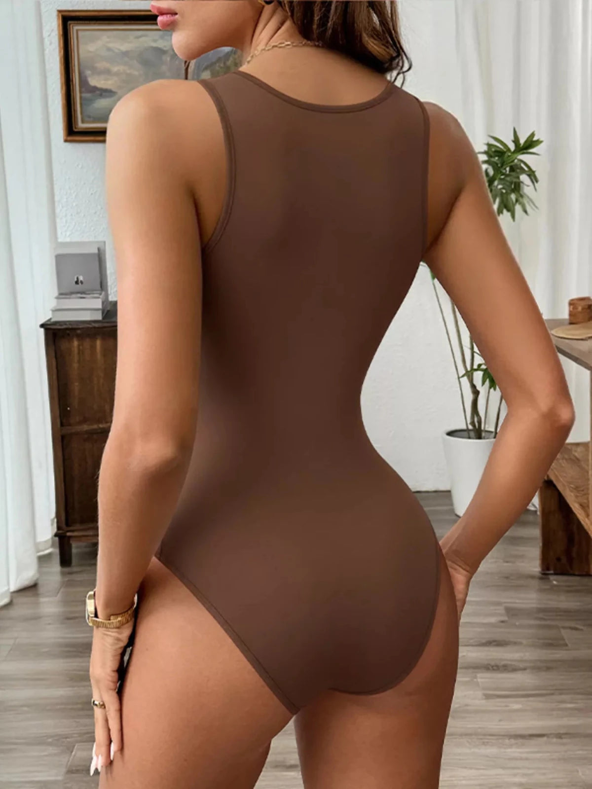 Brown Deep V - Neck Bodysuit | CozyFits in Brown