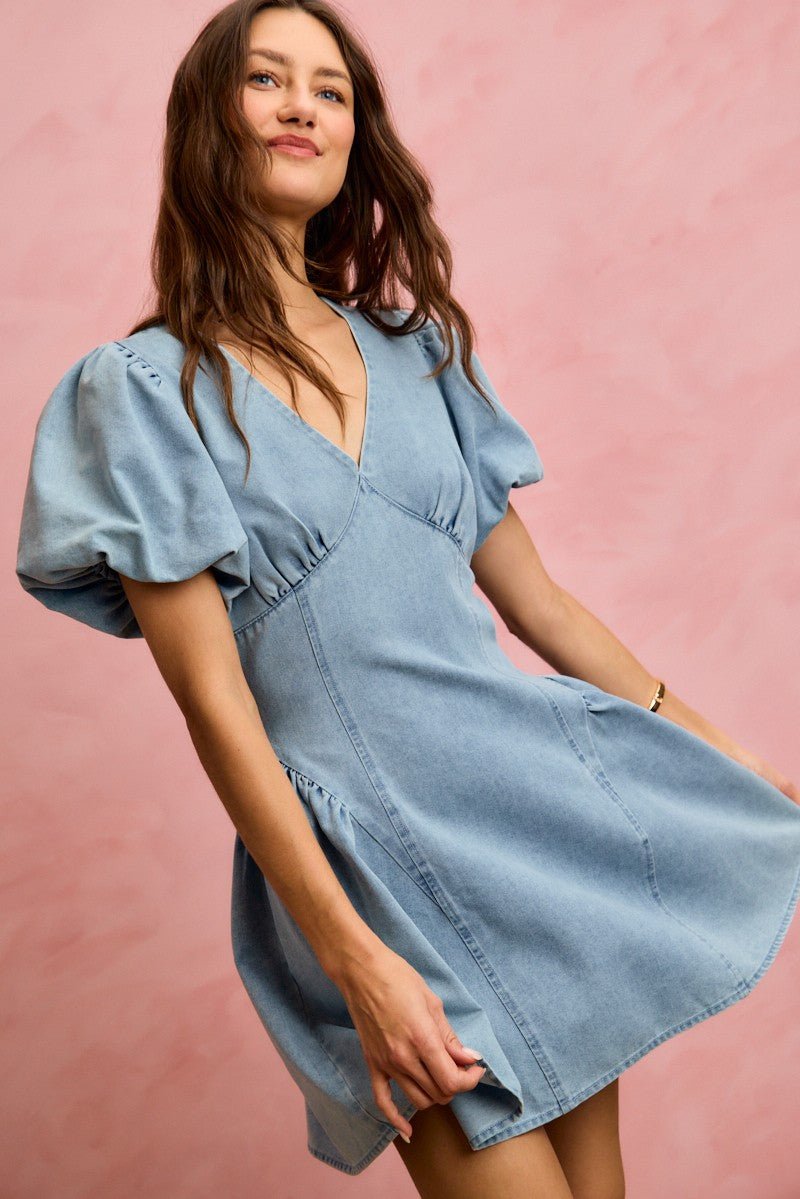 Bubble Sleeve Denim Fit & Flare Mini Dress | Summer Denim Dress in LIGHT DENIM