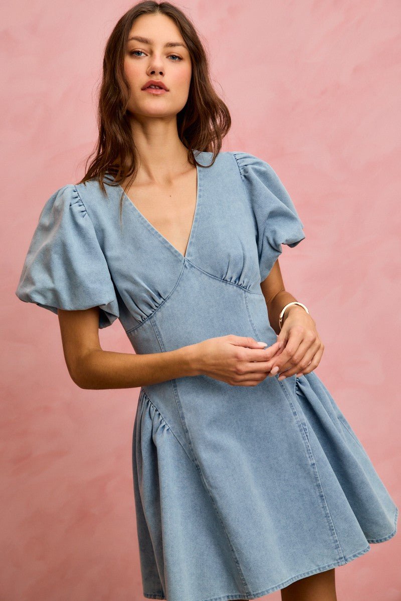 Bubble Sleeve Denim Fit & Flare Mini Dress | Summer Denim Dress in LIGHT DENIM