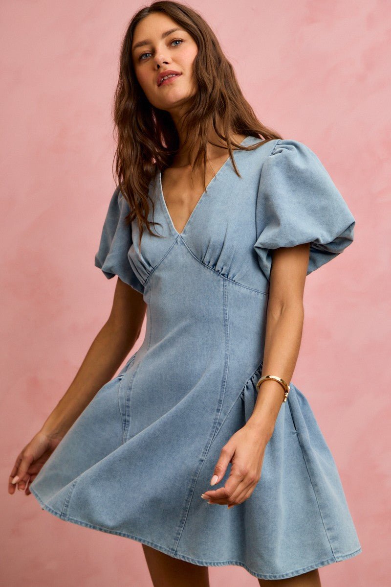 Bubble Sleeve Denim Fit & Flare Mini Dress | Summer Denim Dress in LIGHT DENIM
