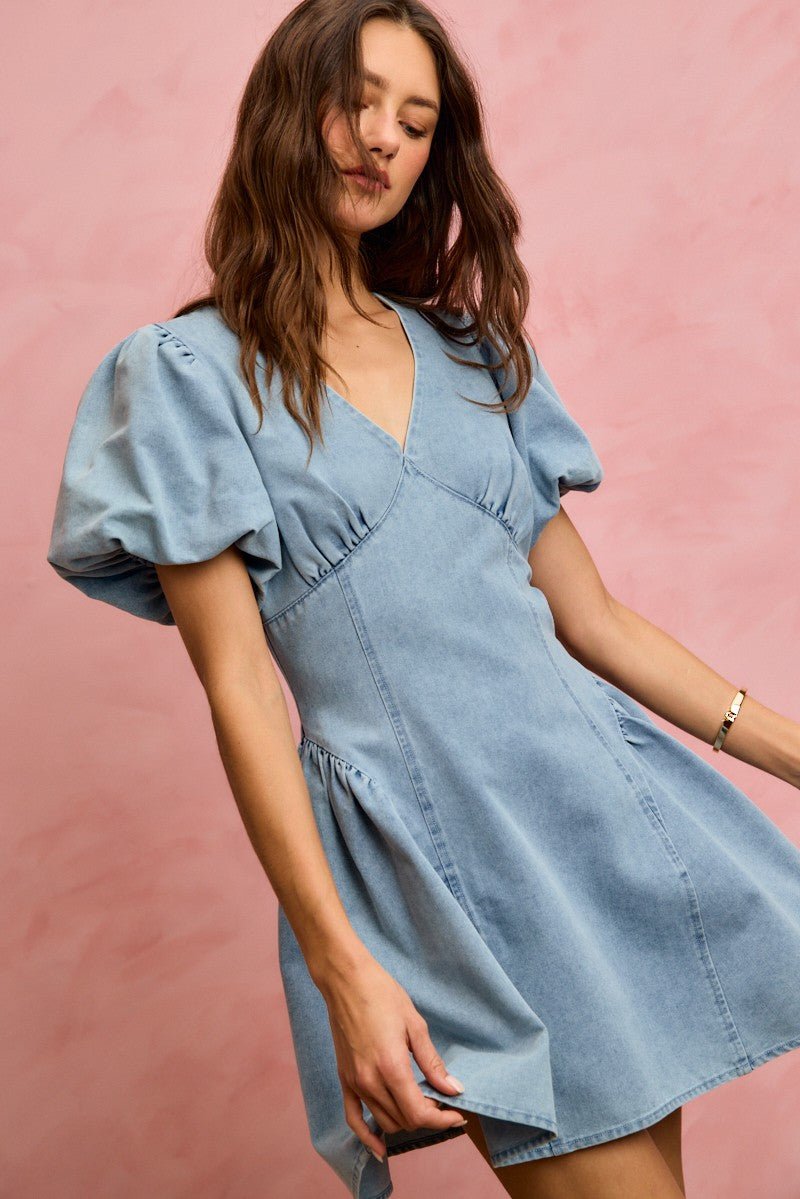 Bubble Sleeve Denim Fit & Flare Mini Dress | Summer Denim Dress in LIGHT DENIM