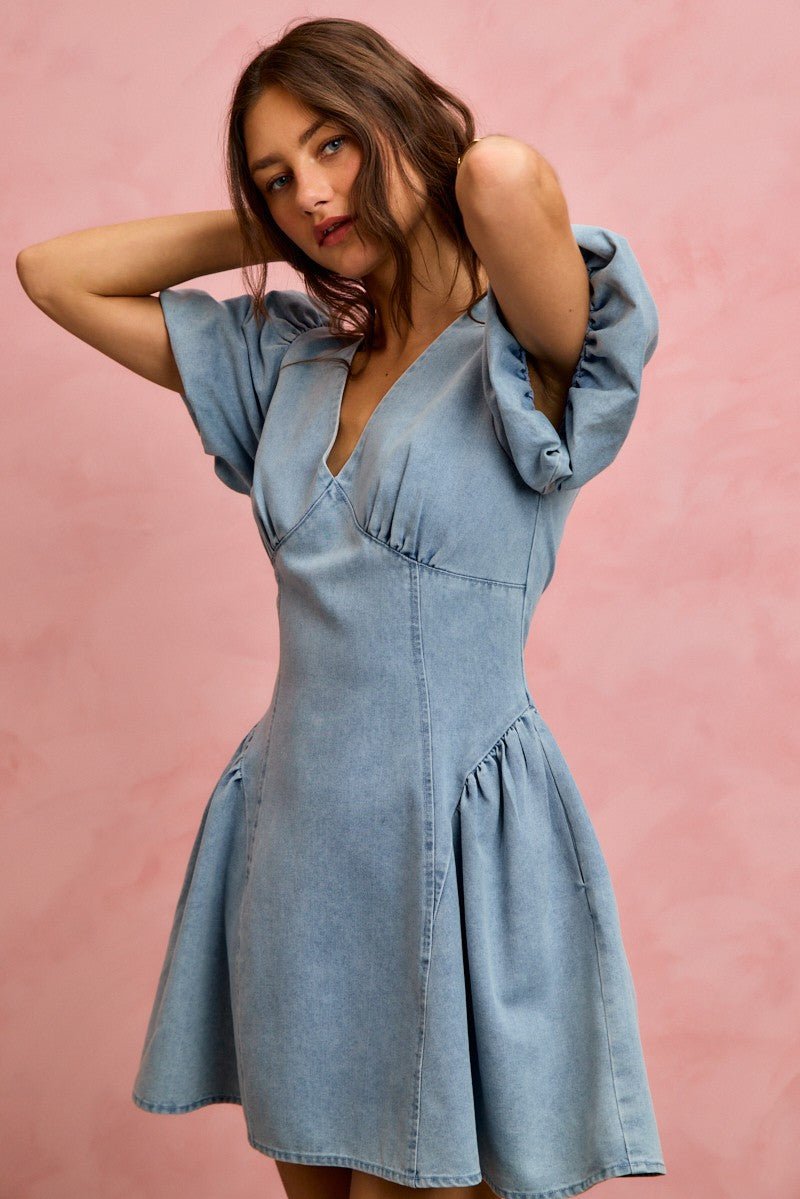 Bubble Sleeve Denim Fit & Flare Mini Dress | Summer Denim Dress in LIGHT DENIM