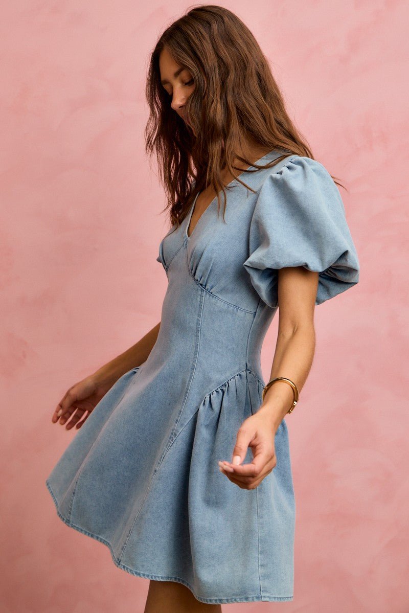 Bubble Sleeve Denim Fit & Flare Mini Dress | Summer Denim Dress in LIGHT DENIM