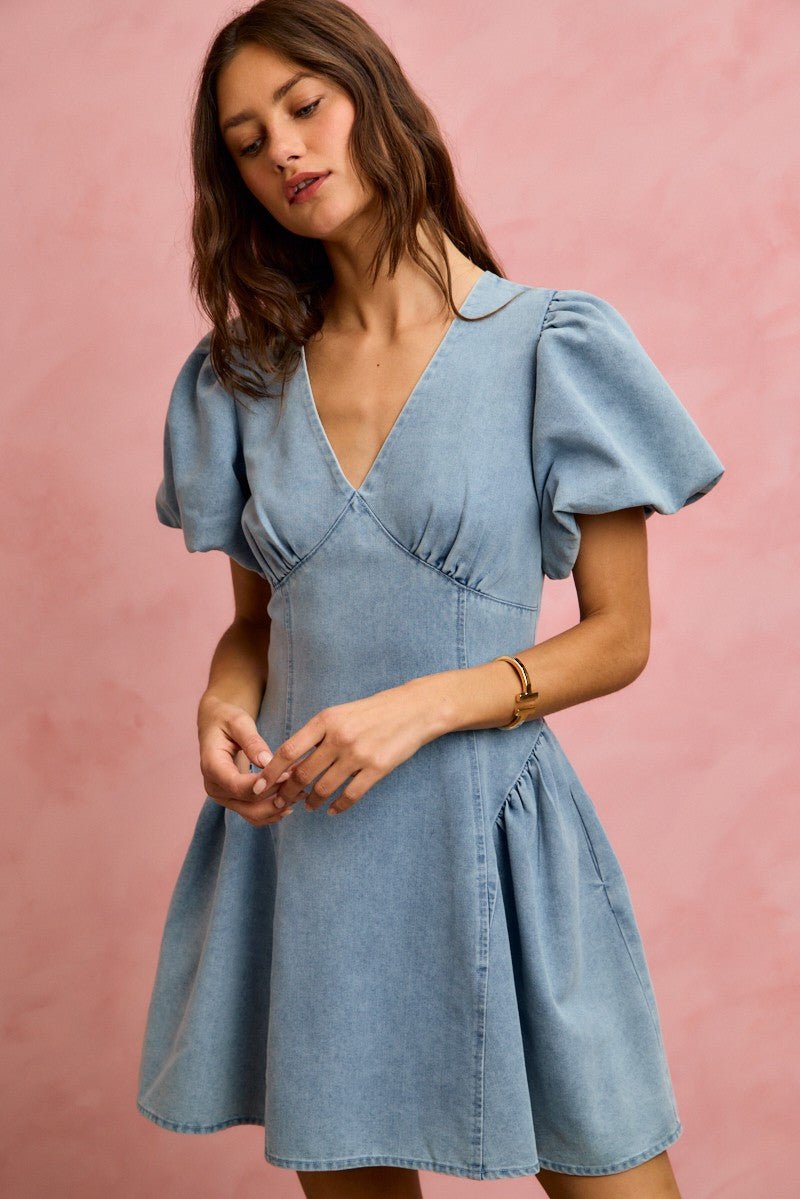Bubble Sleeve Denim Fit & Flare Mini Dress | Summer Denim Dress in LIGHT DENIM