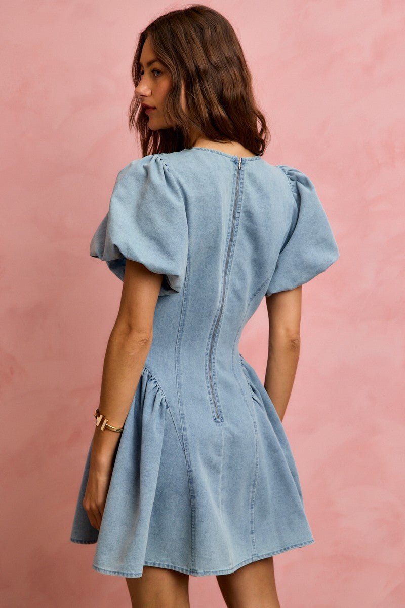 Bubble Sleeve Denim Fit & Flare Mini Dress | Summer Denim Dress in LIGHT DENIM