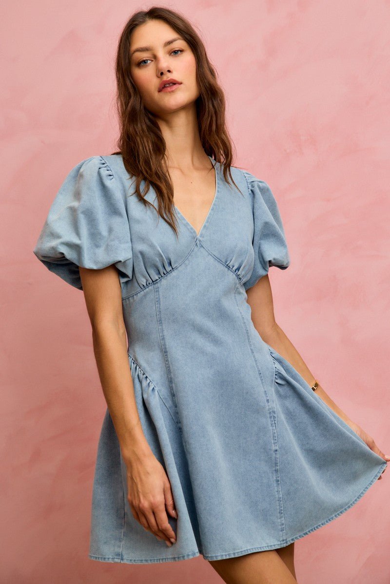 Bubble Sleeve Denim Fit & Flare Mini Dress | Summer Denim Dress in LIGHT DENIM