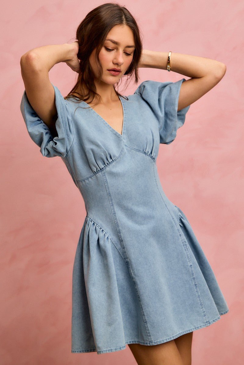 Bubble Sleeve Denim Fit & Flare Mini Dress | Summer Denim Dress in LIGHT DENIM