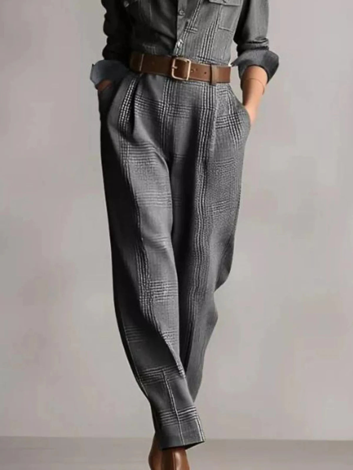Button Front Long Sleeve Jumpsuit | CozyFits in Dark Gray