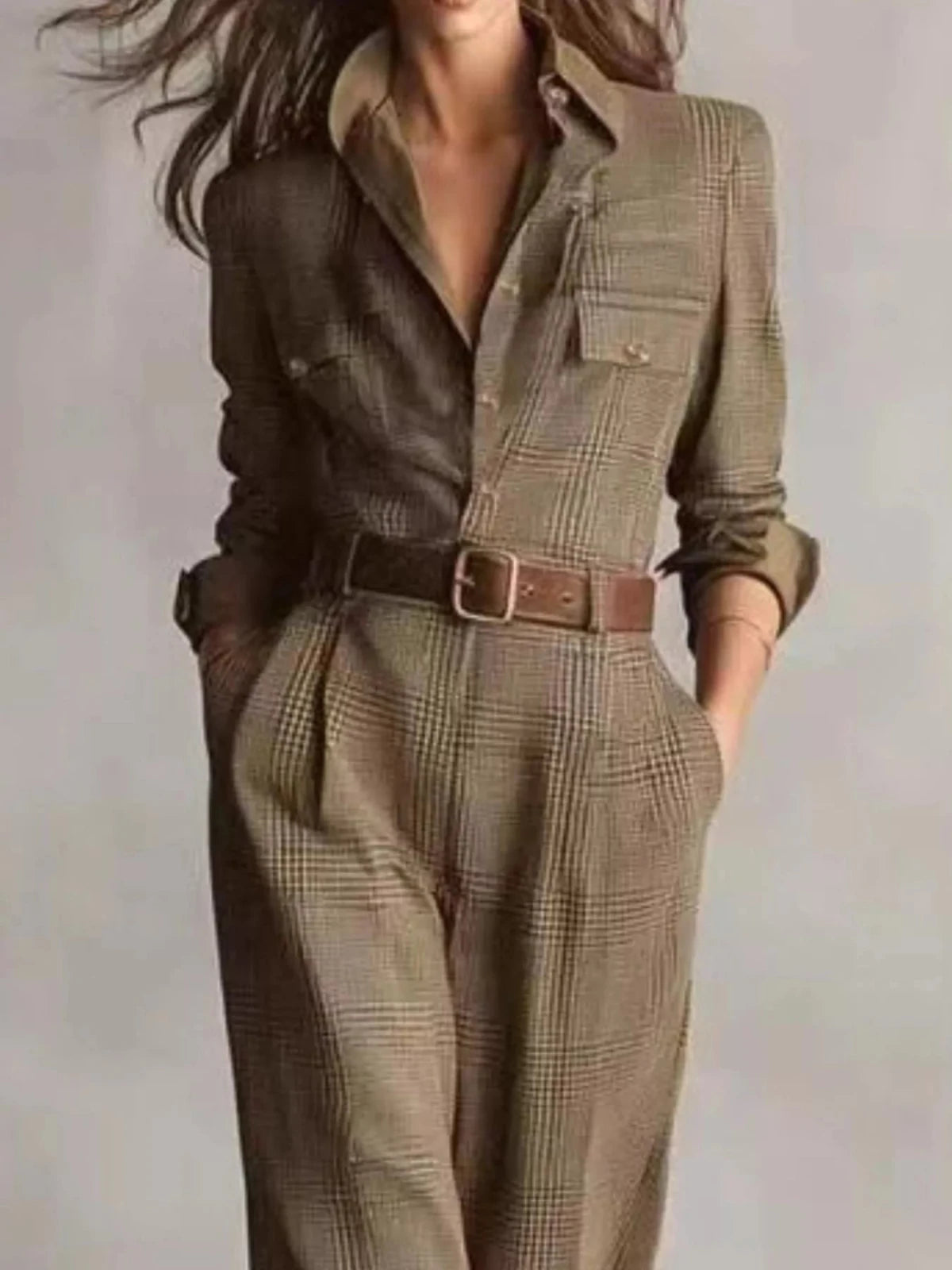 Button Front Long Sleeve Jumpsuit | CozyFits in Grid