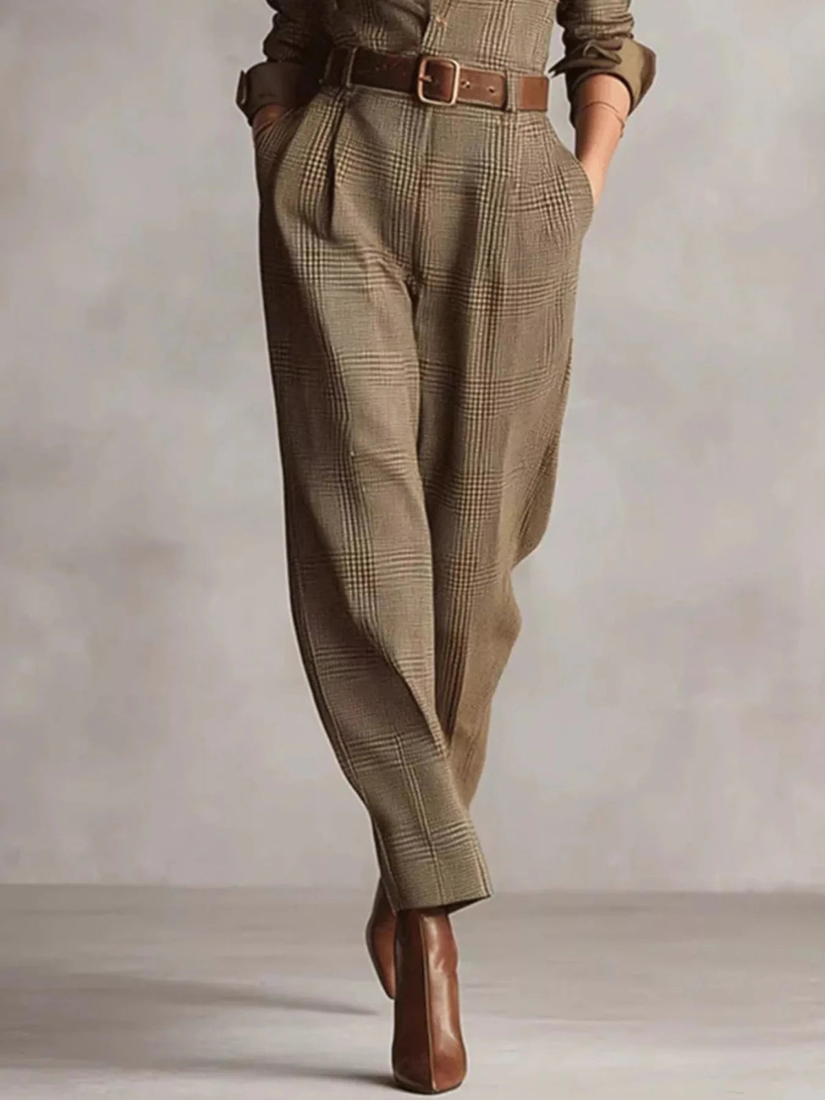 Button Front Long Sleeve Jumpsuit | CozyFits in Grid