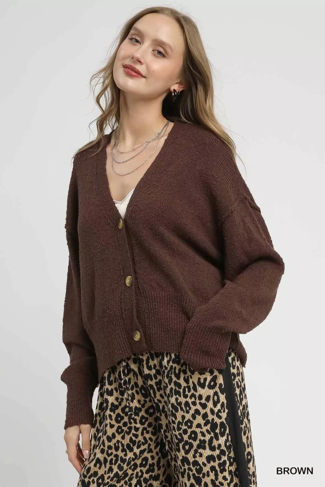 Button-Front V-Neck Knit Cardigan in Brown | CozyFits in Brown