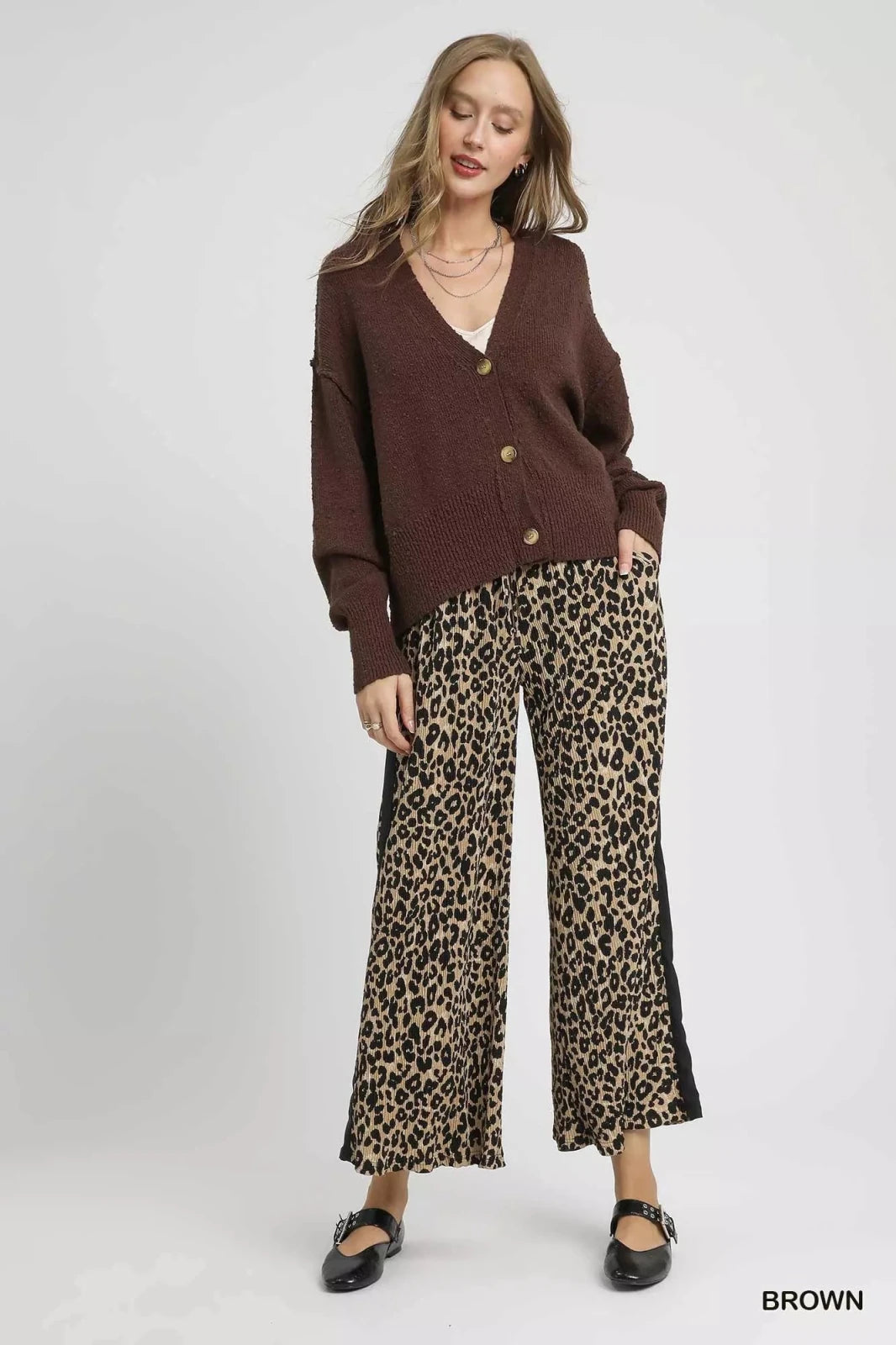 Button-Front V-Neck Knit Cardigan in Brown | CozyFits in Brown