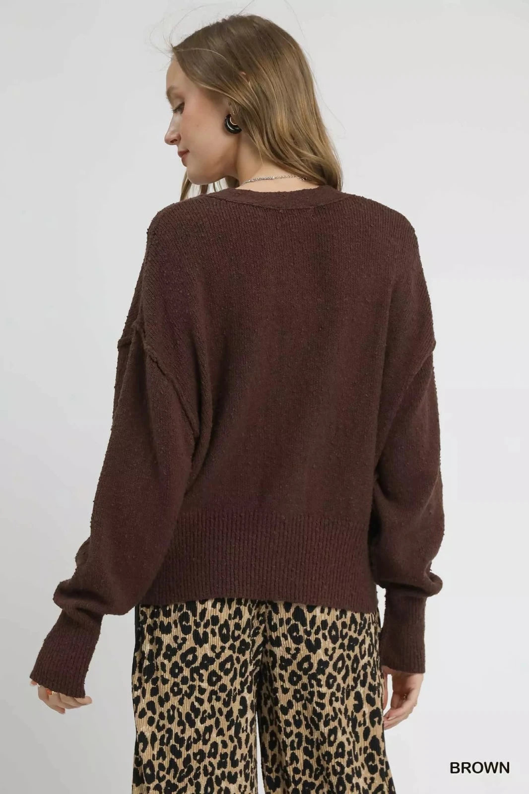 Button-Front V-Neck Knit Cardigan in Brown | CozyFits in Brown