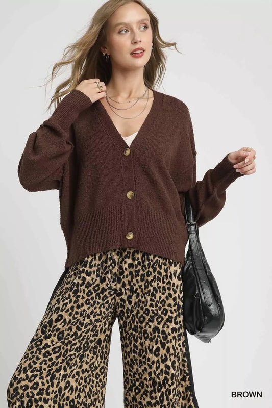 Button-Front V-Neck Knit Cardigan in Brown | CozyFits in Brown