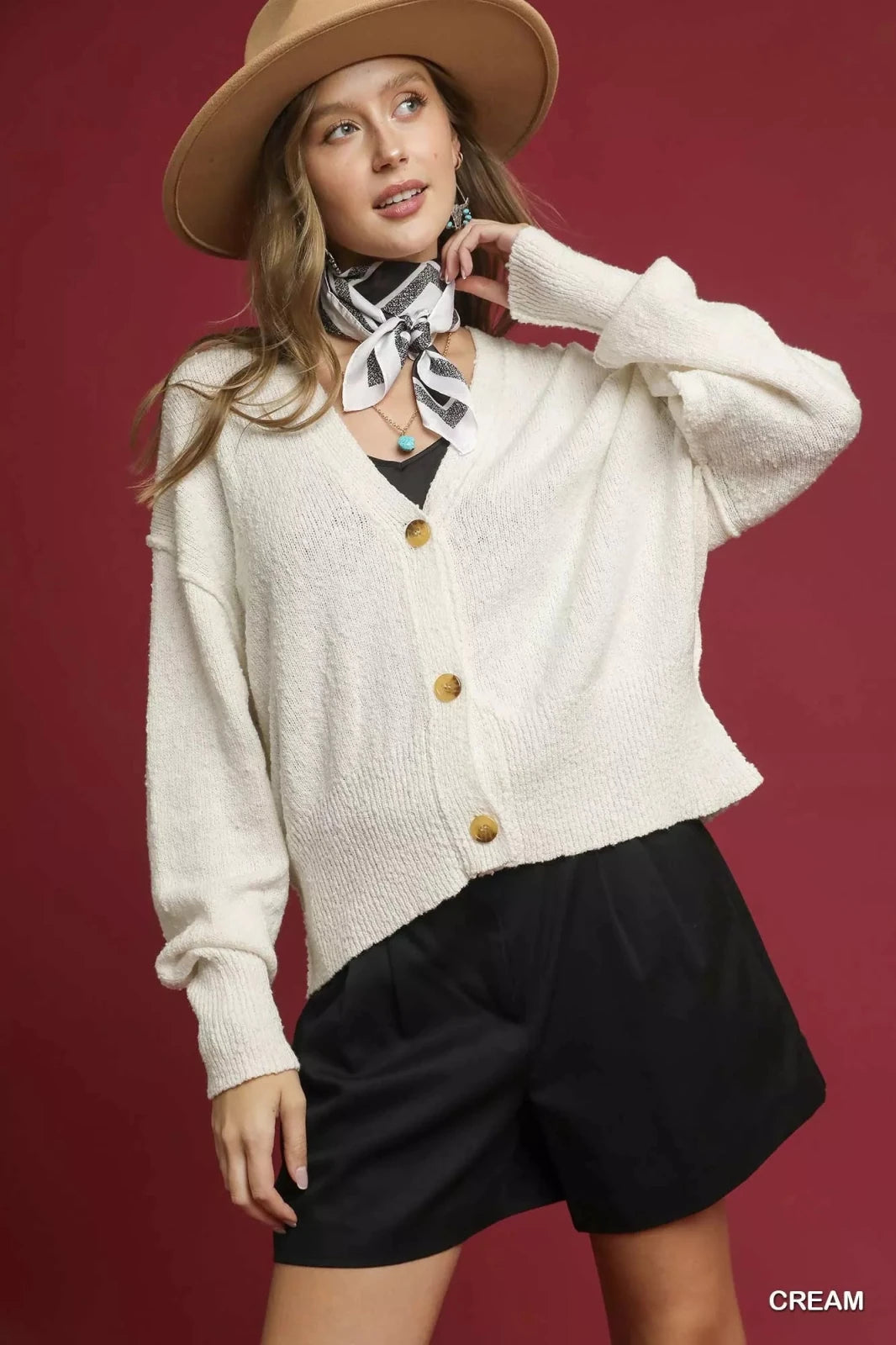 Button-Front V-Neck Knit Cardigan in Cream | CozyFits in Cream