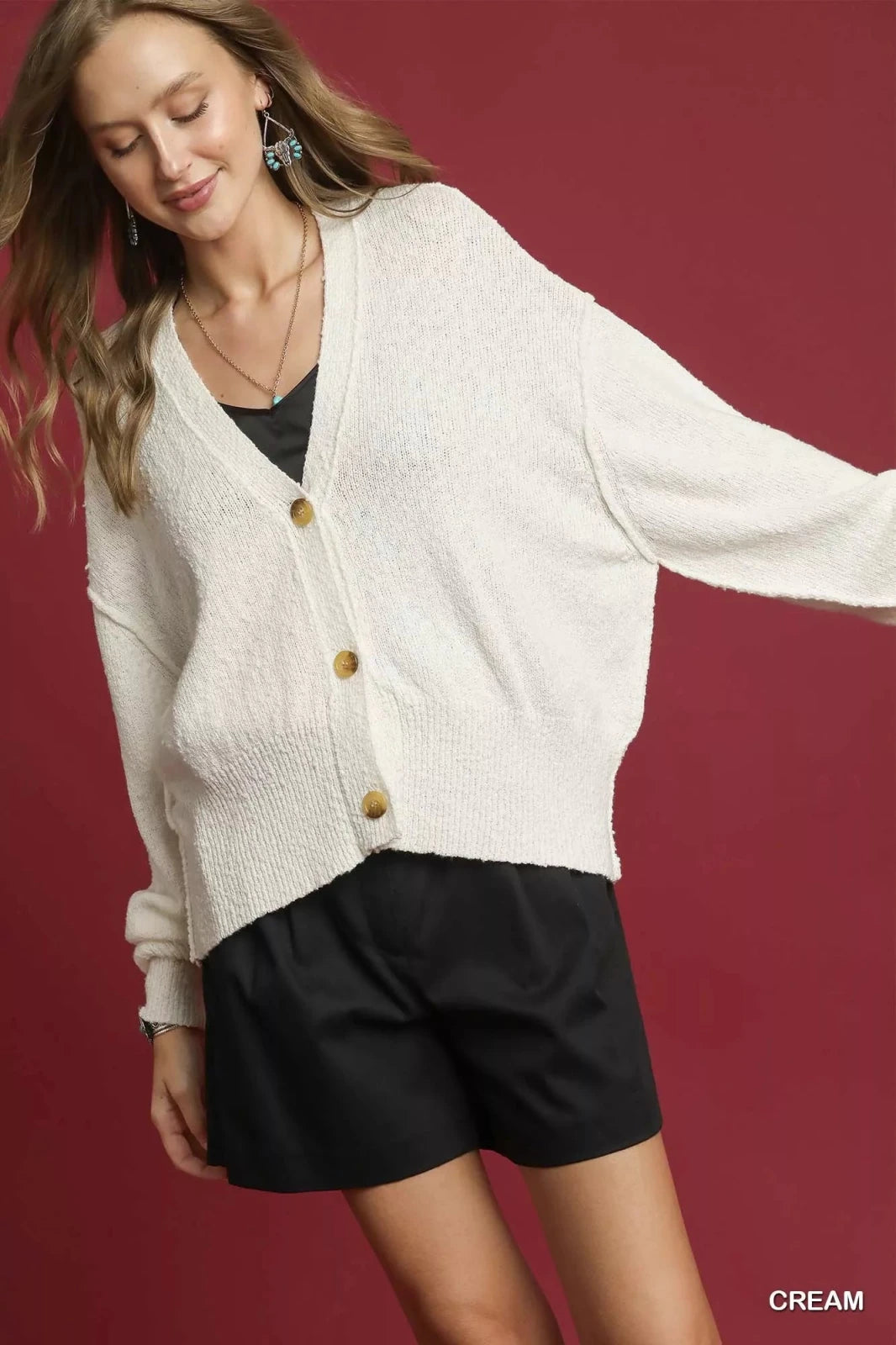 Button-Front V-Neck Knit Cardigan in Cream | CozyFits in Cream