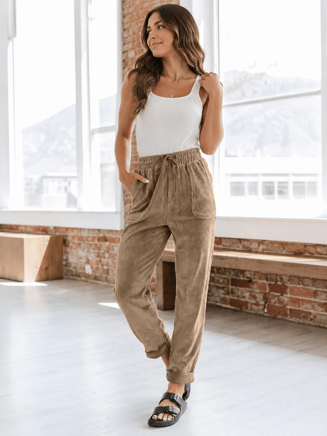 Casual Drawstring Tapered Pants with Pockets in Camel