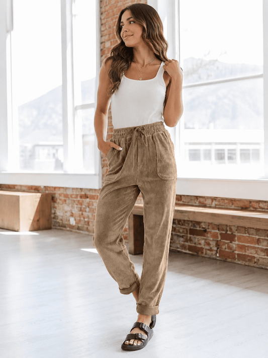 Casual Drawstring Tapered Pants with Pockets in Camel