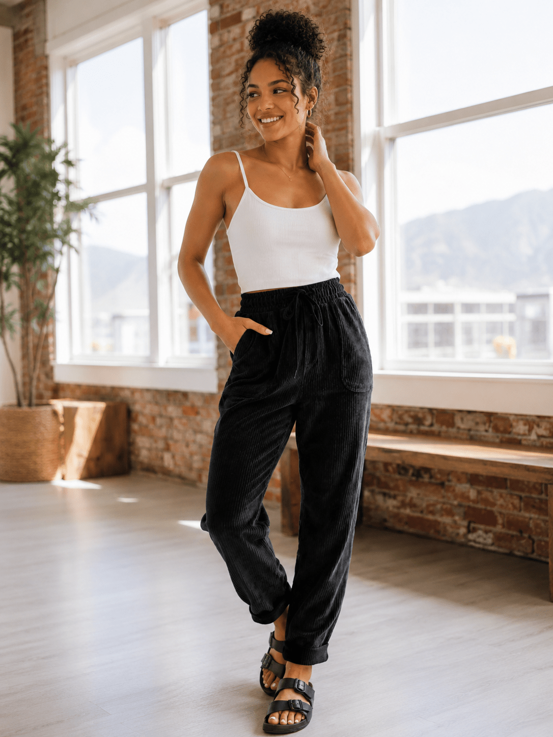 Casual Drawstring Tapered Pants with Pockets in Camel
