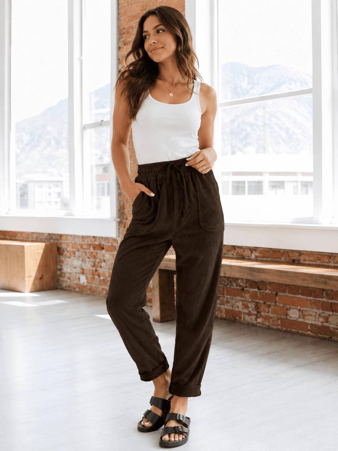 Casual Drawstring Tapered Pants with Pockets in Camel