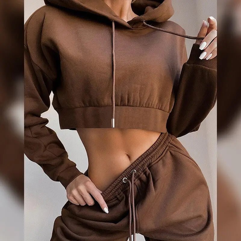 CozyFits™ Sculpt Set – Cropped Hoodie & High - Waist Jogger Set for Women in Brown