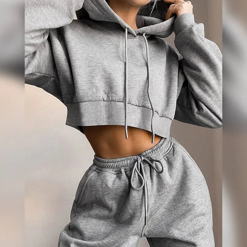 CozyFits™ Sculpt Set – Cropped Hoodie & High - Waist Jogger Set for Women in Grey