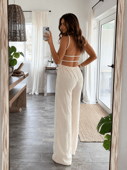 Cut - Out Wide Leg Jumpsuit | CozyFits in Cream