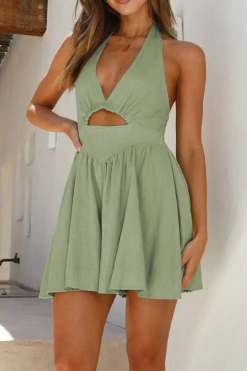 Cutout Halter Neck Mini Dress | Summer Going Out Dress in Light Green
