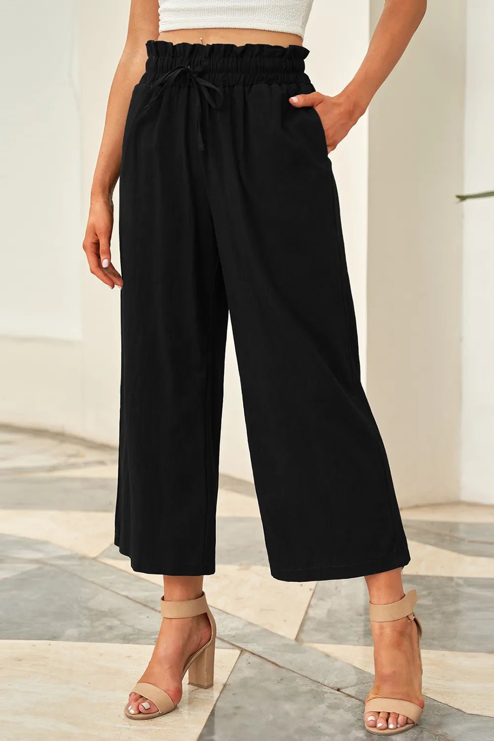 Drawstring Paperbag Waist Wide Leg Pants in Black