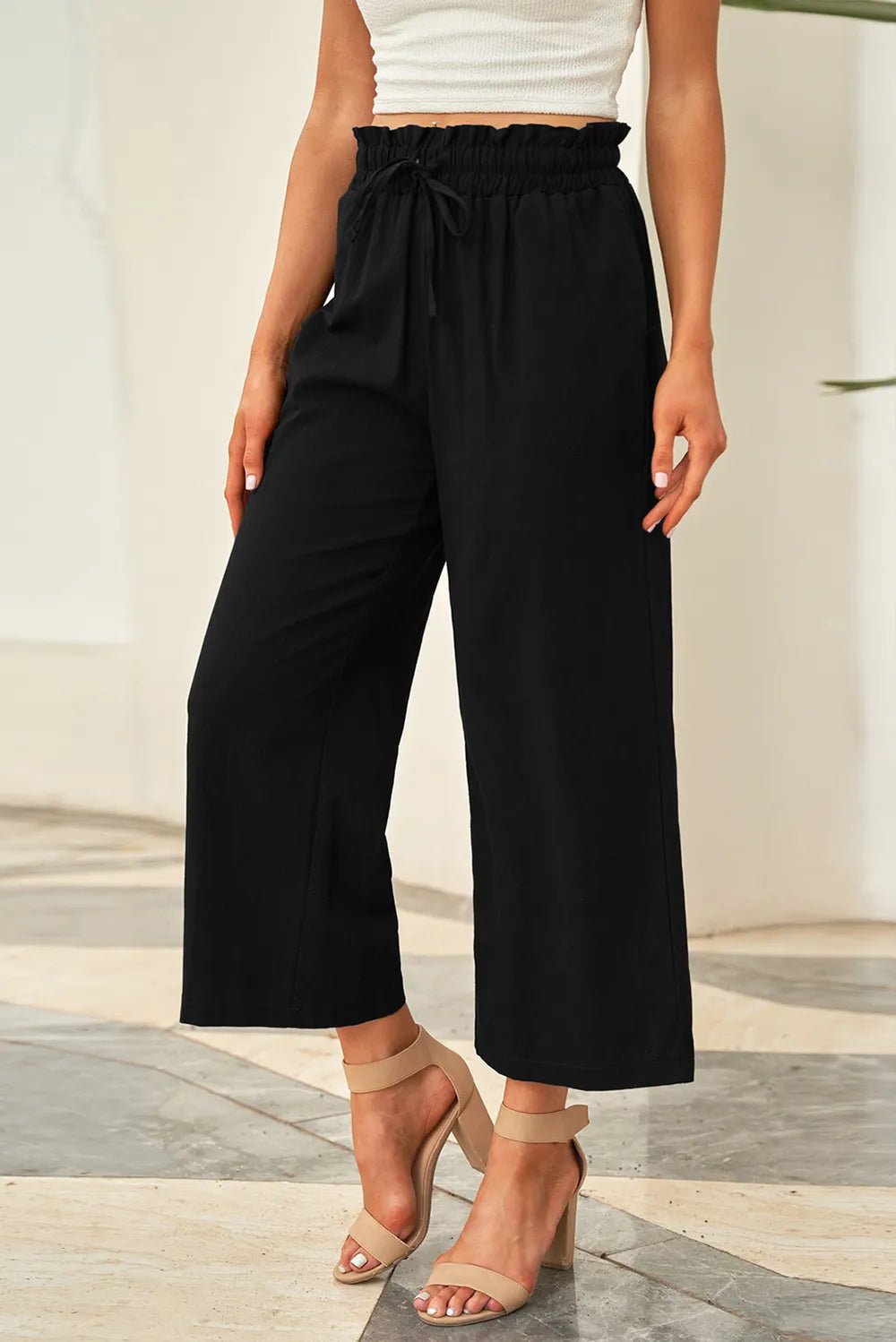 Drawstring Paperbag Waist Wide Leg Pants in Black