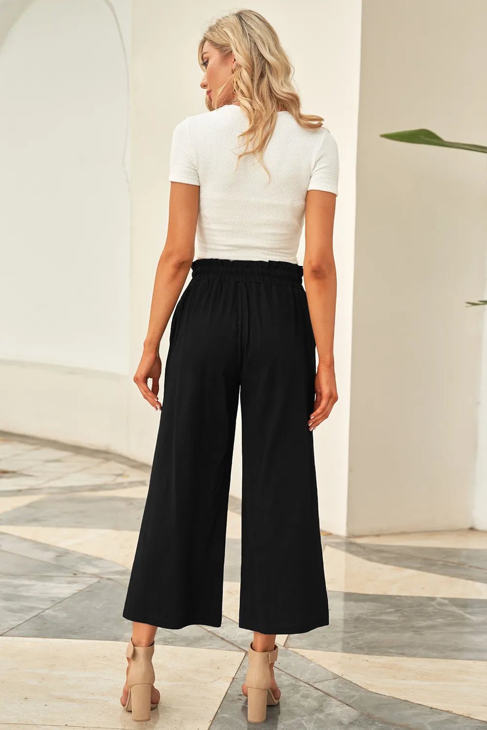 Drawstring Paperbag Waist Wide Leg Pants in Black