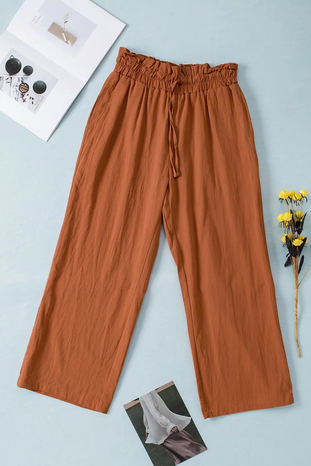 Drawstring Paperbag Waist Wide Leg Pants in Caramel