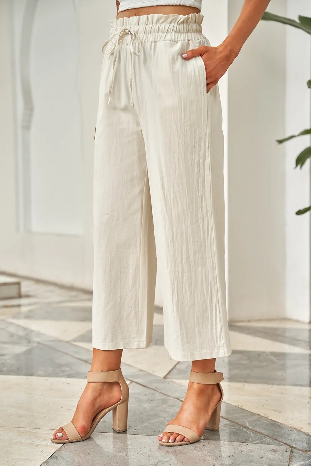 Drawstring Paperbag Waist Wide Leg Pants in Ivory