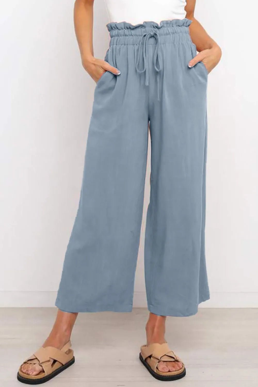 Drawstring Paperbag Waist Wide Leg Pants in Light Blue