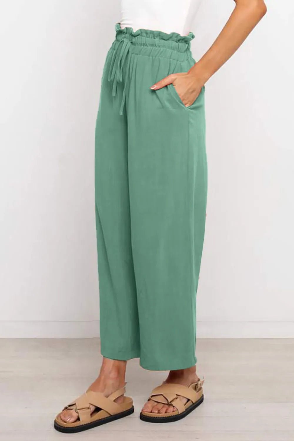Drawstring Paperbag Waist Wide Leg Pants in Turquoise
