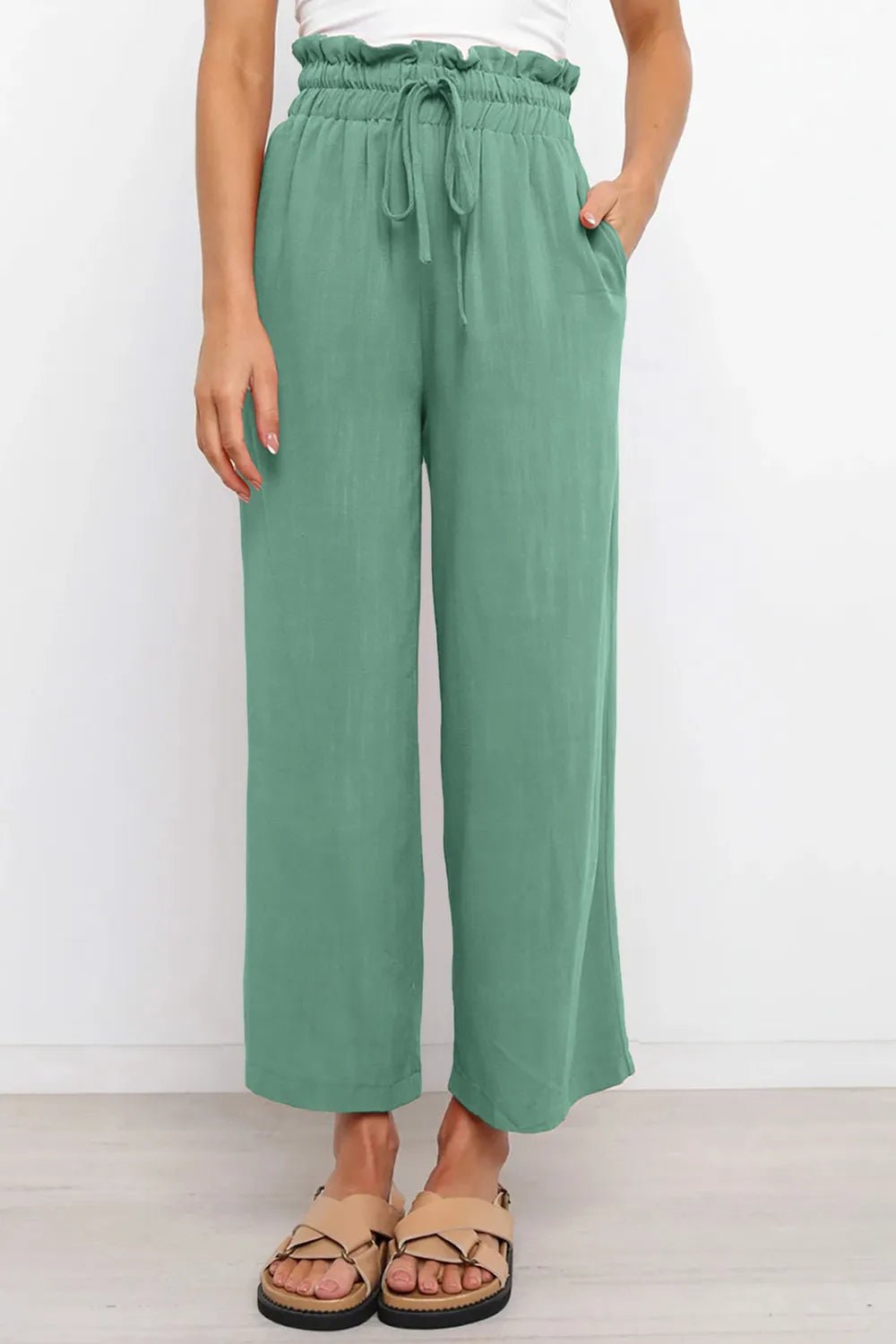 Drawstring Paperbag Waist Wide Leg Pants in Turquoise