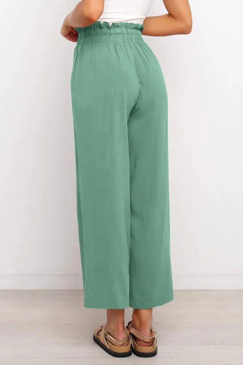 Drawstring Paperbag Waist Wide Leg Pants in Turquoise