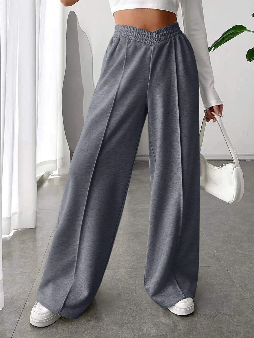 Elastic Waist Wide Leg Pants in Dark Gray