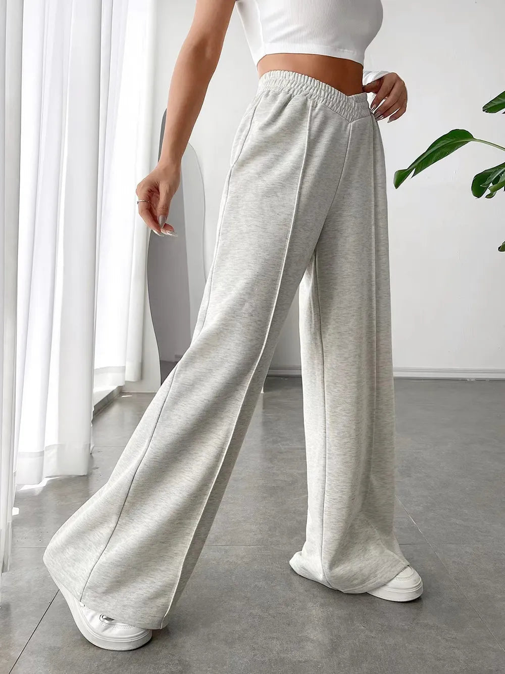 Elastic Waist Wide Leg Pants in Light Gray