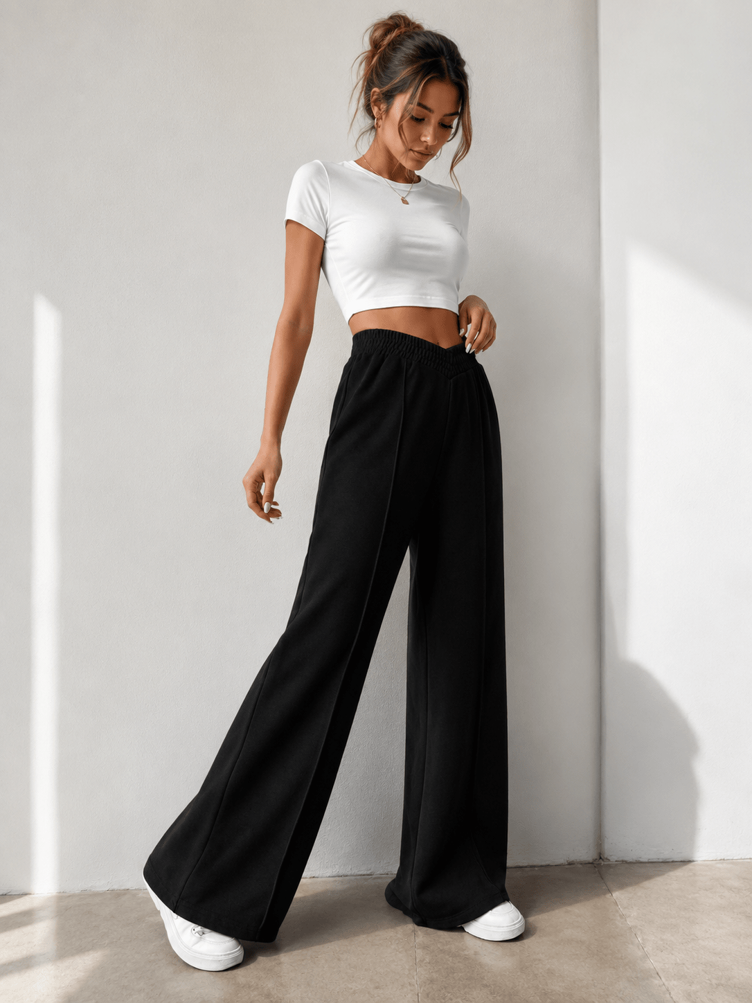 Elastic Waist Wide Leg Pants in Light Gray