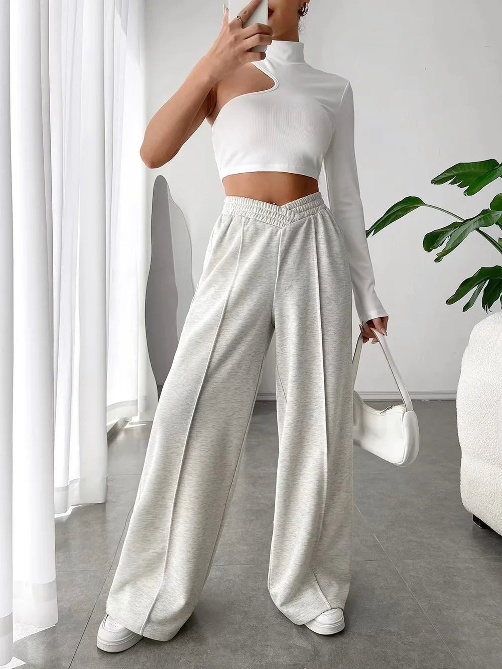 Elastic Waist Wide Leg Pants in Light Gray