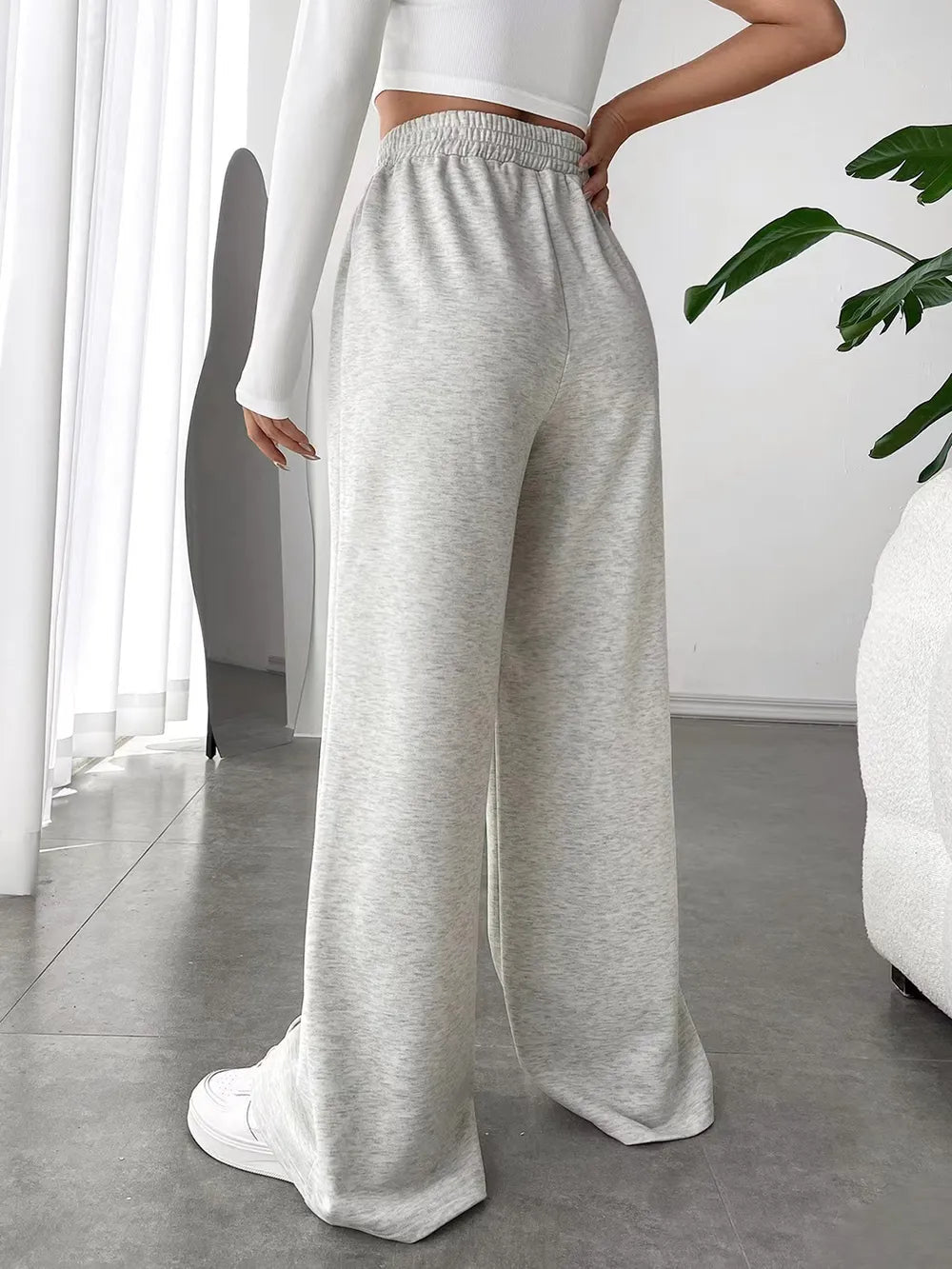 Elastic Waist Wide Leg Pants in Light Gray