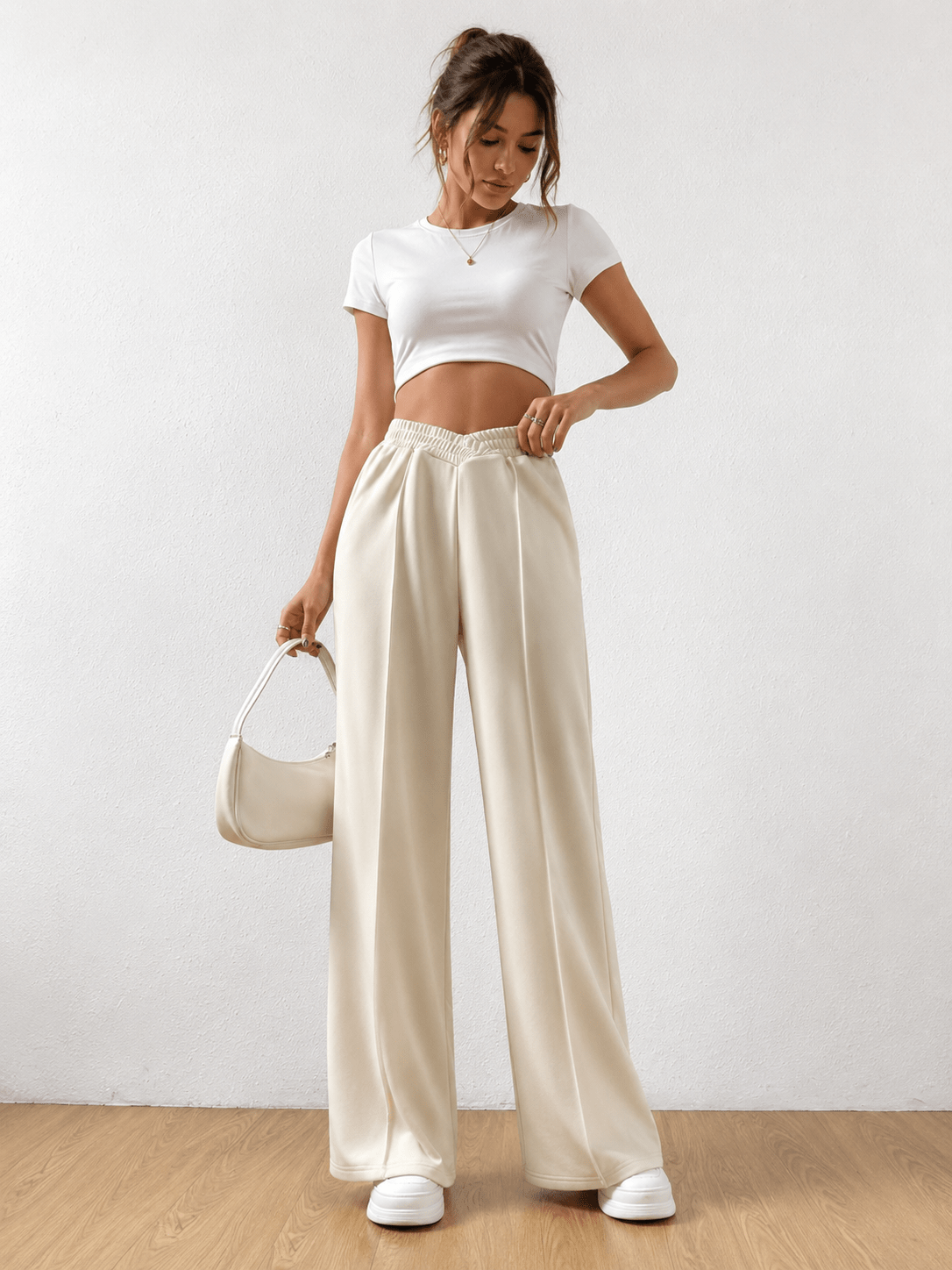 Elastic Waist Wide Leg Pants in Light Gray