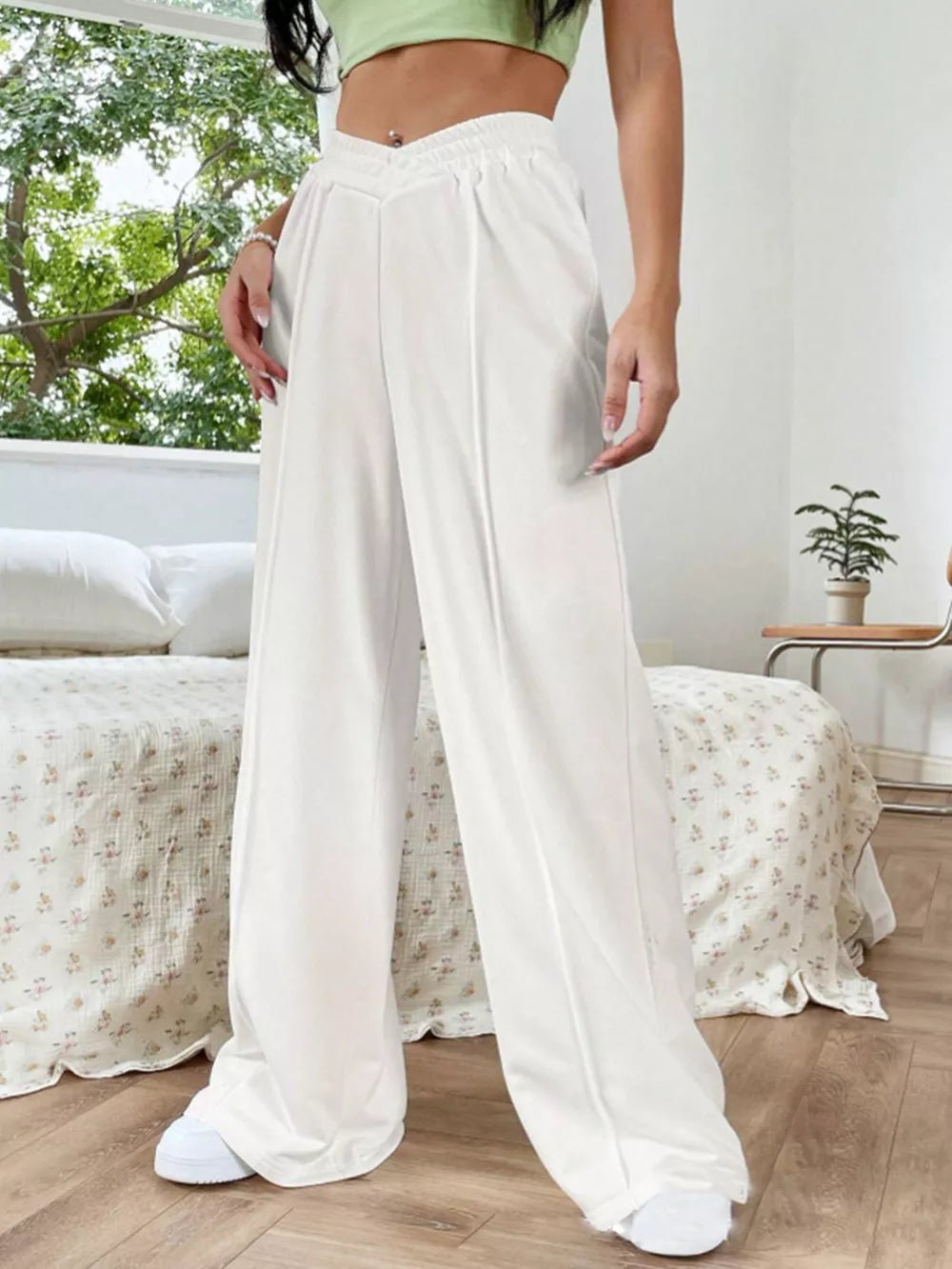 Elastic Waist Wide Leg Pants in White