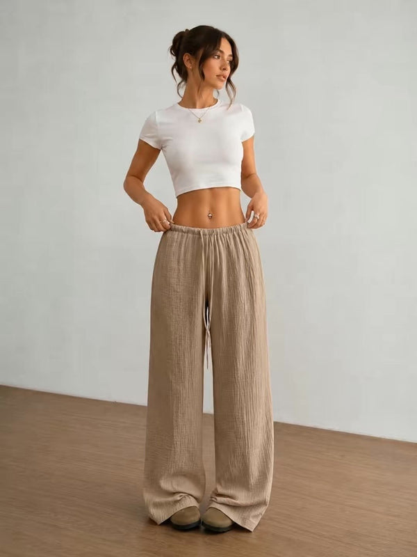 Flowy Wide Leg Drawstring Pants in White