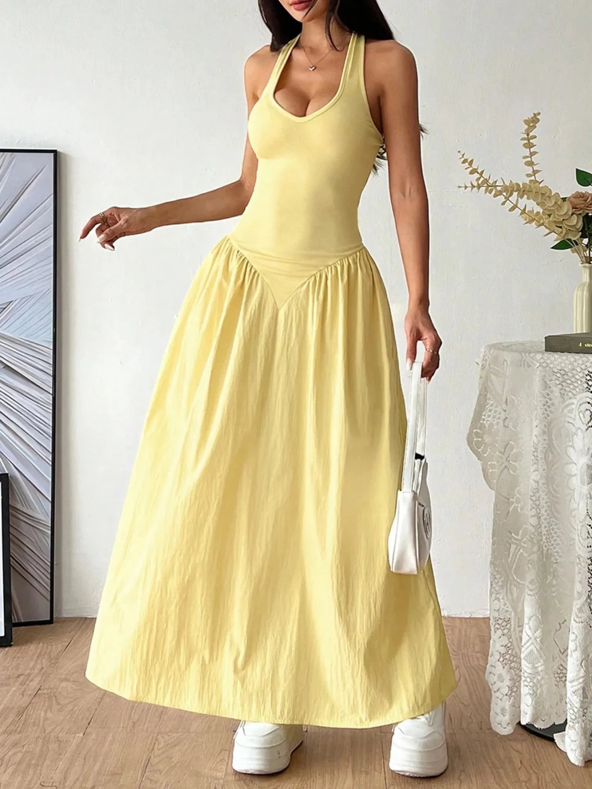 Halter Neck Maxi Dress | Butter Yellow Summer Maxi Dress in Light Yellow