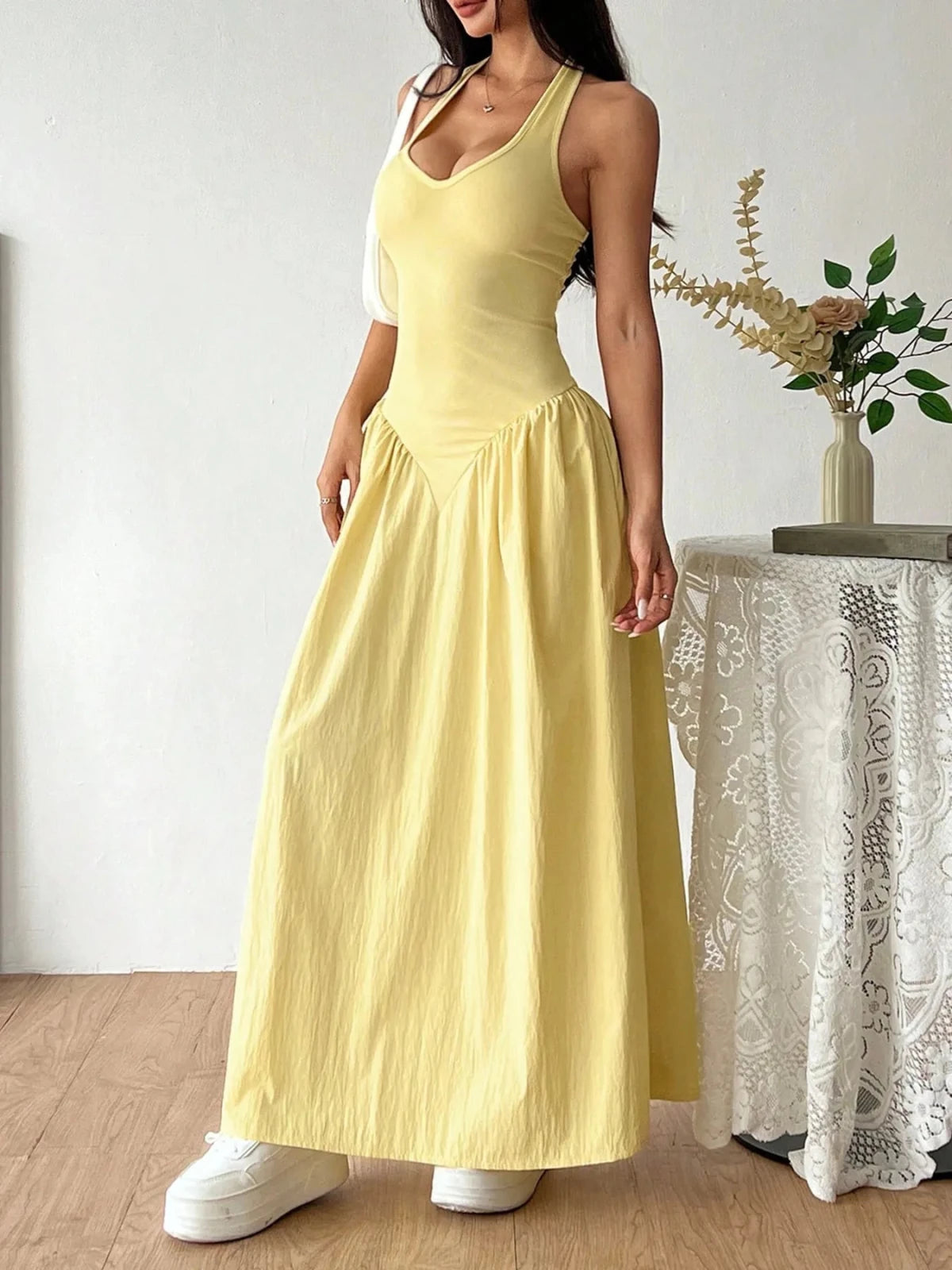 Halter Neck Maxi Dress | Butter Yellow Summer Maxi Dress in Light Yellow