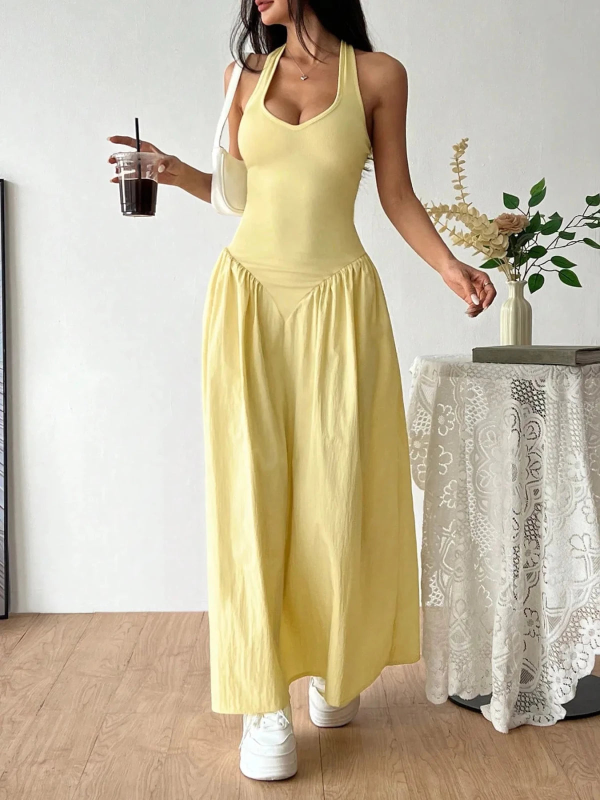 Halter Neck Maxi Dress | Butter Yellow Summer Maxi Dress in Light Yellow