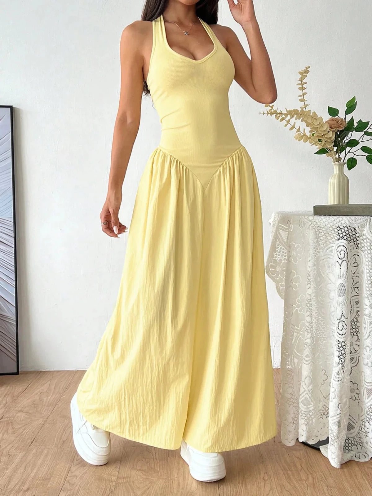 Halter Neck Maxi Dress | Butter Yellow Summer Maxi Dress in Light Yellow